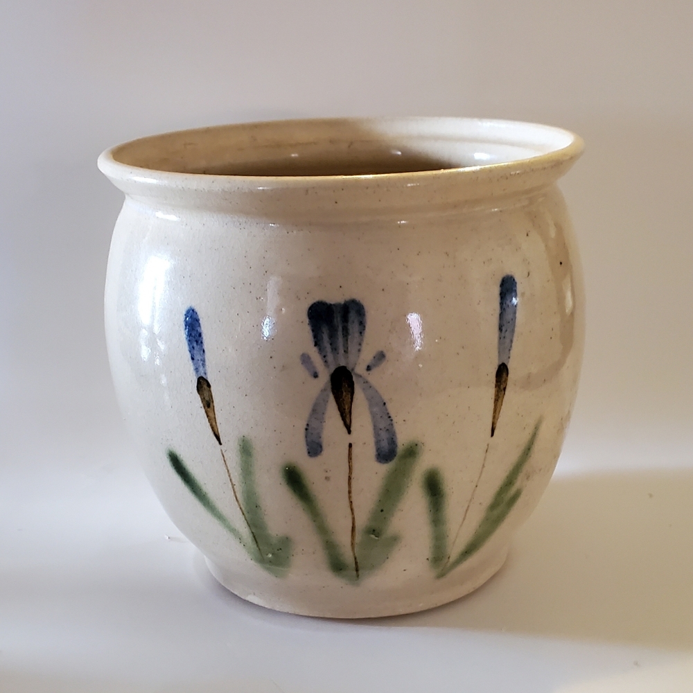 Rare Gus Sherman Signed Athens Pottery Marietta Run Clay Vase Blue Irises